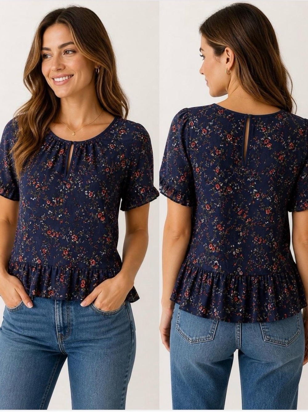 Madewell Navy Floral Peplum Short-Sleeve Top